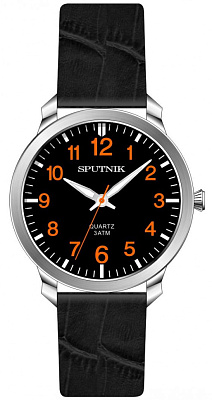 Часы Спутник М-858222 Н -1 (черн,оранж.оф.)кож.рем